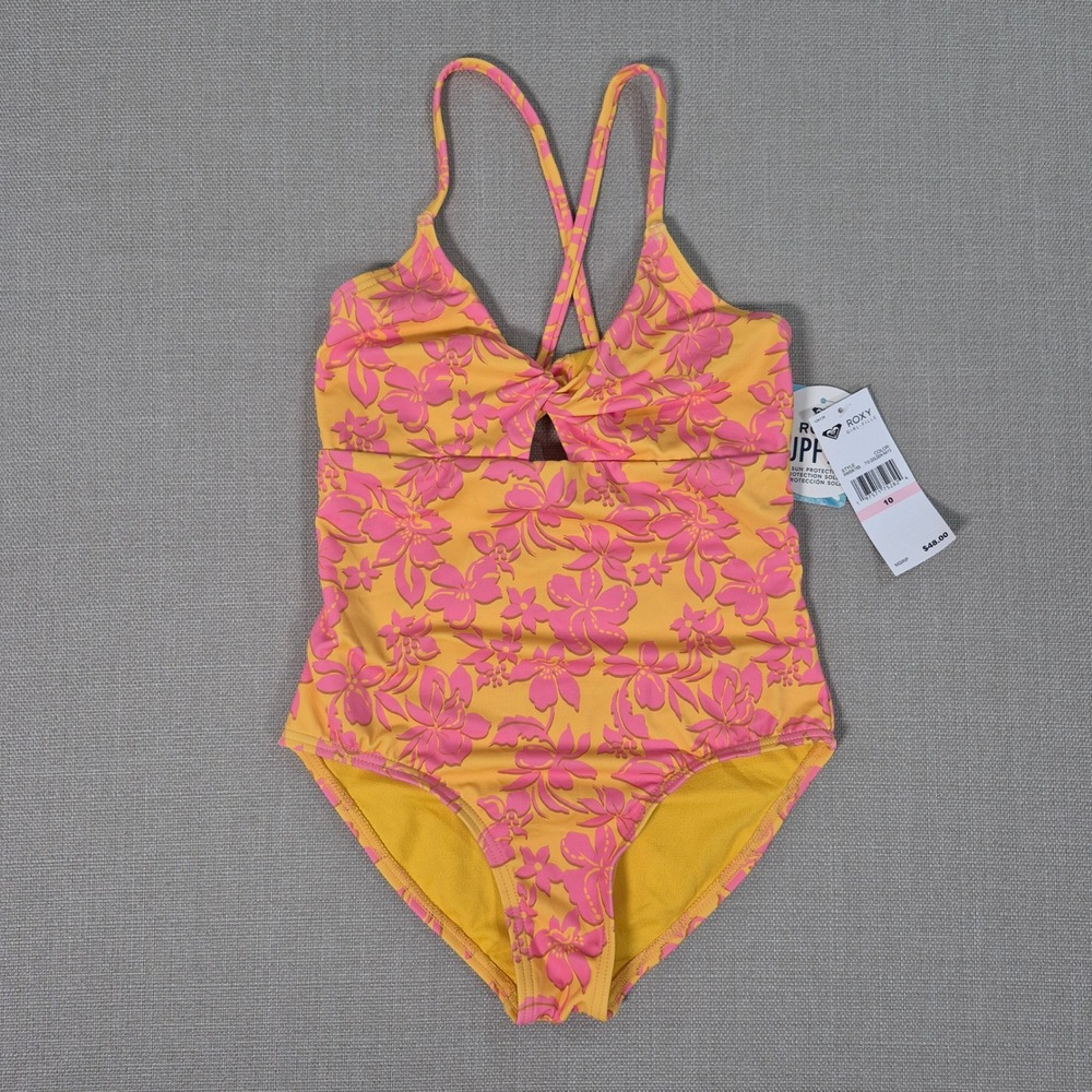 Roxy Girl One Piece Swimsuit Yellow Pink Floral UPF 50+ Size 10 New